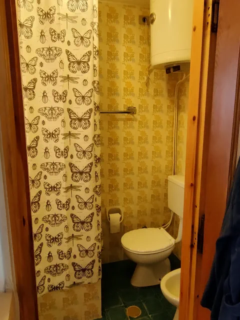 Il bagno dell'appartamento con doccia, sanitari e scaldabagno